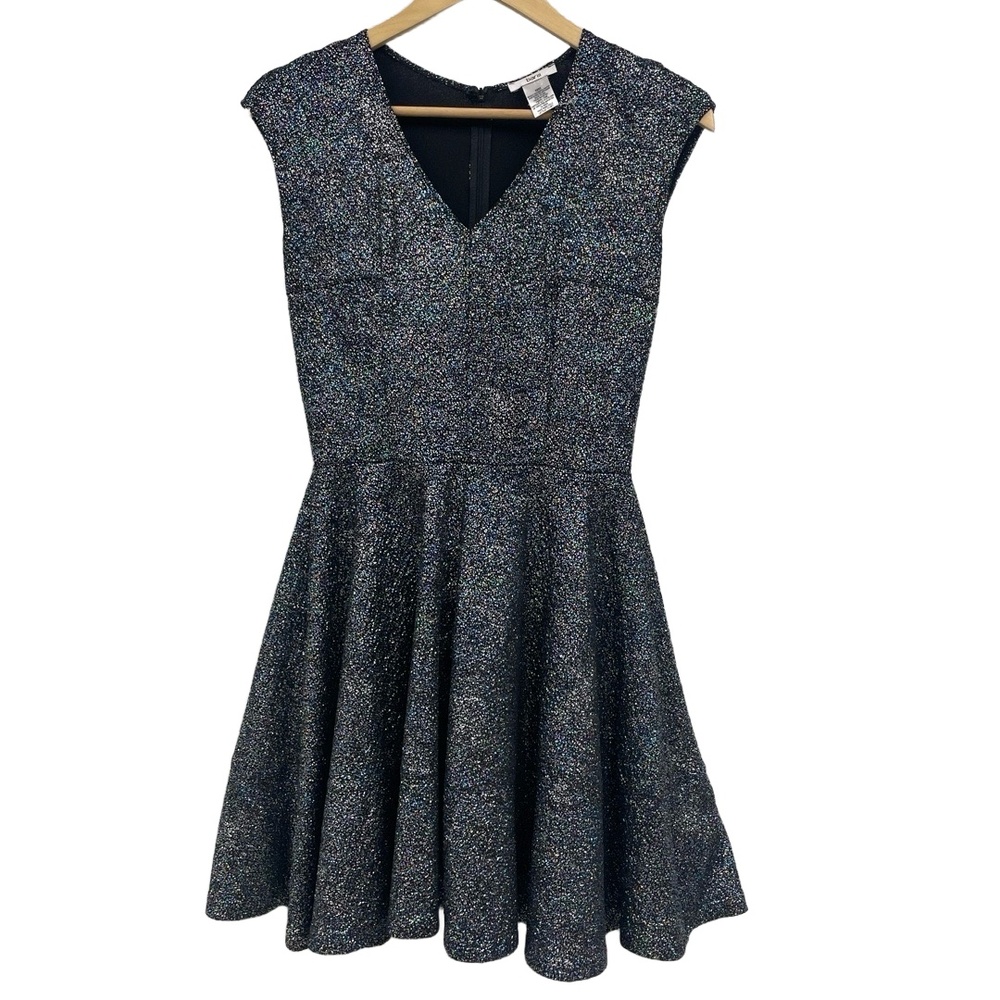 Bar III  Black Metallic Shimmer V Neck Sparkly Stretch Party A Line Dress Petite